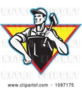 Vector Clip Art of Retro Factory Blacksmith Worker Carrying a Hammer over a Traingle by Patrimonio