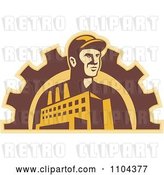 Vector Clip Art of Retro Factory Worker Guy with a Building and Gear Cog by Patrimonio