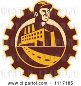 Vector Clip Art of Retro Factory Worker Mechanic in a Gear with a Building and Road by Patrimonio