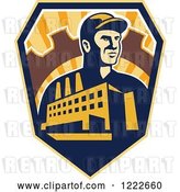 Vector Clip Art of Retro Factory Worker Mechanic in a Gear with a Building and Road over a Sunny Shield by Patrimonio