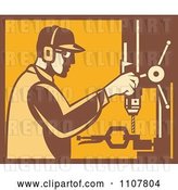 Vector Clip Art of Retro Factory Worker Operating a Drill Press in Yellow and Brown by Patrimonio