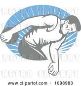 Vector Clip Art of Retro Faded Male Athlete Throwing a Discus over Blue Rays by Patrimonio