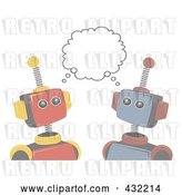 Vector Clip Art of Retro Faded Robots Sharing an Idea by