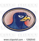 Vector Clip Art of Retro Falcon Head in a Blue Yellow and Red Oval of Rays by Patrimonio