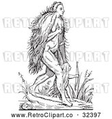 Vector Clip Art of Retro Fantasy Hairy Woman and Child Black and White by Picsburg
