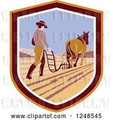 Vector Clip Art of Retro Farmer and Horse Plowing a Field in a Shield by Patrimonio