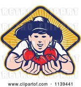 Vector Clip Art of Retro Farmer Boy Holding out Tomatoes over a Diamond of Rays by Patrimonio
