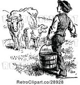 Vector Clip Art of Retro Farmer Carrying a Bucket Towards Cows by Prawny Vintage