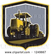 Vector Clip Art of Retro Farmer Operating a Plowing Tractor in a Shield by Patrimonio