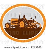 Vector Clip Art of Retro Farmer Operating a Plowing Tractor in an Orange and Gray Oval by Patrimonio