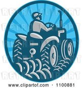 Vector Clip Art of Retro Farmer Operating a Tractor in a Blue Circle by Patrimonio