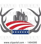 Vector Clip Art of Retro Farmer Operating a Tractor in Whitetail Deer Antlers with American Stars and Stripes by Patrimonio