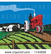 Vector Clip Art of Retro Farmer Operating a Tractor on a Field 2 by Patrimonio
