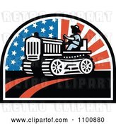 Vector Clip Art of Retro Farmer Operating a Tractor with American Stars and Stripes by Patrimonio