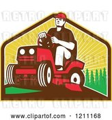 Vector Clip Art of Retro Farmer or Gardener Operating a Ride on Lawn Mower by Patrimonio