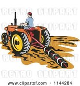 Vector Clip Art of Retro Farmer Tilling a Field with a Tractor by Patrimonio