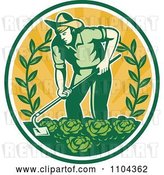 Vector Clip Art of Retro Farmer Working in a Cabbage Patch Crop over Orange Rays by Patrimonio