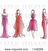 Vector Clip Art of Retro Fashion Models in Pink and Red Dresses by Vector Tradition SM