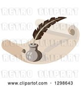 Vector Clip Art of Retro Feather Quill Pen and Ink Well on a Sheet of Scroll Paper by Patrimonio