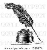 Vector Clip Art of Retro Feather Quill Pen Drawing a Line Around an Ink Well by AtStockIllustration