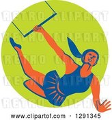Vector Clip Art of Retro Female Acrobat Flying on a Trapeze and Emerging from a Green Circle by Patrimonio