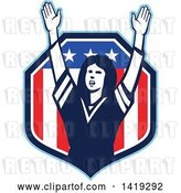 Vector Clip Art of Retro Female American Football Fan Cheering with Her Arms up in an American Shield by Patrimonio