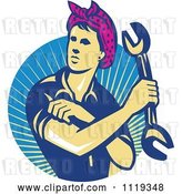 Vector Clip Art of Retro Female Auto Mechanic Flexing and Holding a Wrench over Rays by Patrimonio