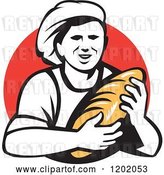 Vector Clip Art of Retro Female Baker Holding a Bread Loaf over a Red Circle by Patrimonio