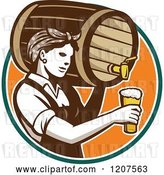 Vector Clip Art of Retro Female Bartender Pouring Beer from a Keg by Patrimonio