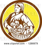 Vector Clip Art of Retro Female Farmer Holding a Basket of Harvest Produce in a Brown White and Yellow Circle by Patrimonio