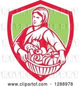 Vector Clip Art of Retro Female Farmer Holding a Basket of Harvest Produce in a Red White and Orange Shield by Patrimonio