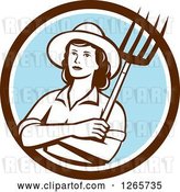 Vector Clip Art of Retro Female Farmer Holding a Pitchfork in a Brown White and Blue Circle by Patrimonio