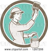 Vector Clip Art of Retro Female House Painter Using a Brush in a Brown White and Turquoise Circle by Patrimonio