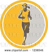 Vector Clip Art of Retro Female Marathon Runner in a Yellow and Gray Circle by Patrimonio