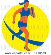 Vector Clip Art of Retro Female Marathon Runner over a Yellow Circle by Patrimonio