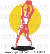 Vector Clip Art of Retro Female Netball Player over a Yellow Circle by Patrimonio