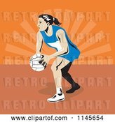 Vector Clip Art of Retro Female Netball Player over Orange Rays by Patrimonio