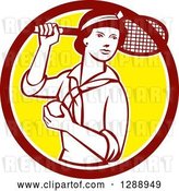 Vector Clip Art of Retro Female Tennis Player Holding a Racket and Ball in a Maroon White and Yellow Circle by Patrimonio