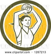 Vector Clip Art of Retro Female Volleyball or Netball Player in a Green White and Yellow Circle by Patrimonio