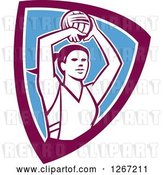 Vector Clip Art of Retro Female Volleyball or Netball Player in a Purple White and Blue Shield by Patrimonio