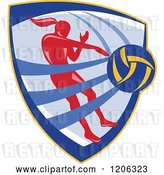 Vector Clip Art of Retro Female Volleyball Player Spiking a Ball Inside a Crest Shield by Patrimonio
