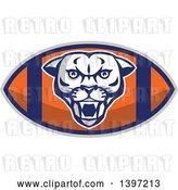 Vector Clip Art of Retro Fierce Mountain Lion Puma Cougar Face on an American Football by Patrimonio