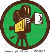 Vector Clip Art of Retro Film Movie Camera in a Brown and Green Circle by Patrimonio