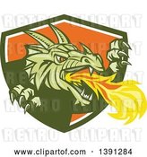 Vector Clip Art of Retro Fire Breathing Dragon Emerging from a Green White and Shield by Patrimonio