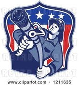 Vector Clip Art of Retro Fire Fighter Guy Holding a Hose over an American Flag Shield by Patrimonio