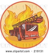 Vector Clip Art of Retro Fire Truck and Flames Logo by Patrimonio
