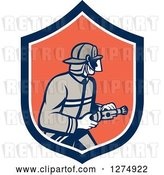 Vector Clip Art of Retro Firefighter Holding a Hose in a Blue White and Orange Shield by Patrimonio