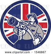Vector Clip Art of Retro Firefighter Holding a Hose in a British Flag Circle by Patrimonio