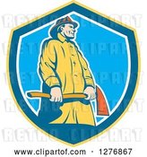 Vector Clip Art of Retro Firefighter Holding an Axe in a Yellow Blue and White Shield by Patrimonio