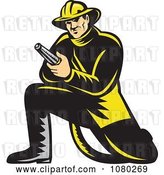 Vector Clip Art of Retro Firefighter Kneeling and Holding a Hose by Patrimonio